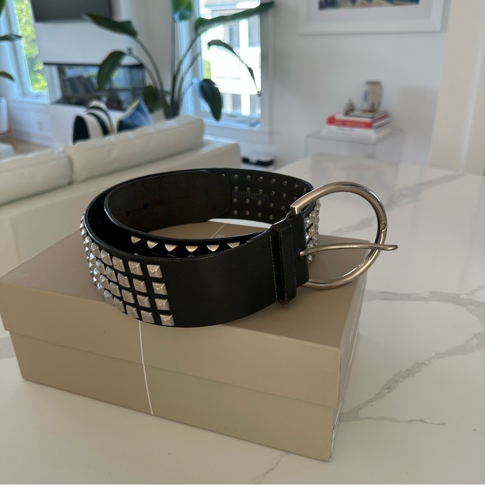Rare Studded Italian Black Leather Belt with Silver Oval Buckle